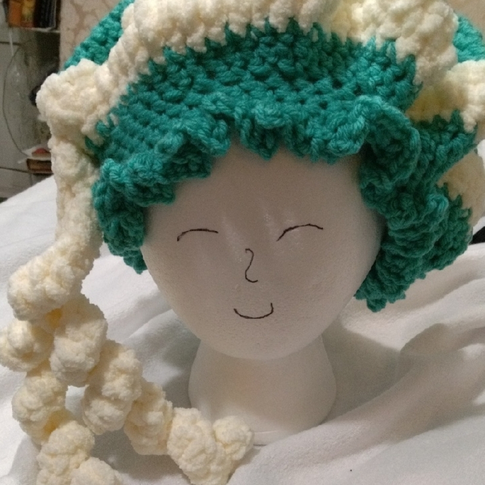 Handmade Green and White Crochet Hat